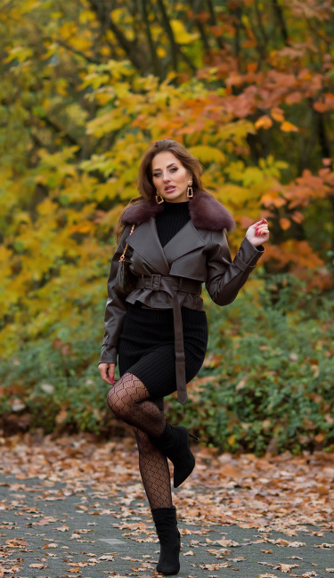 faux leather winter jacket with belt Brown